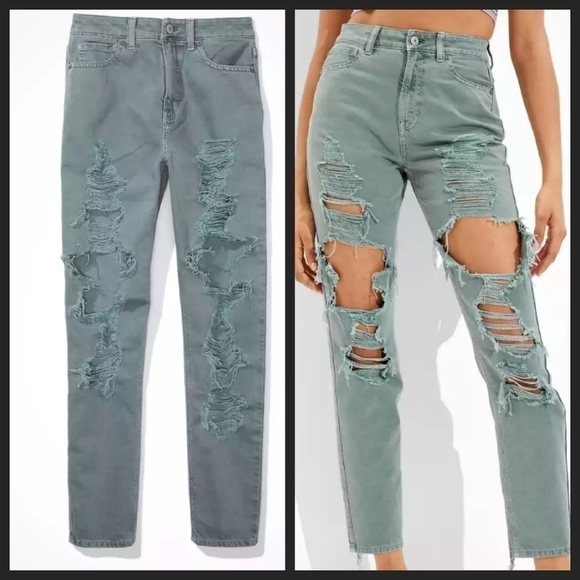 𝅺NEW! AMERICAN EAGLE Distressed High Rise Denim Mom Jeans 18L. - Picture 1 of 6